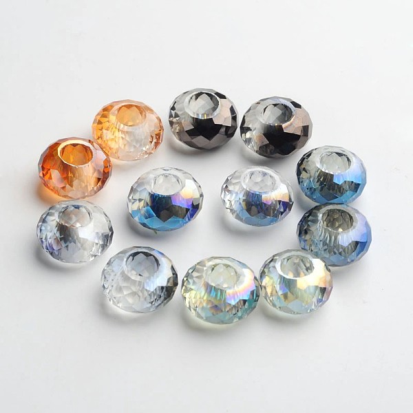 

PandaHall 98 Faceted Electroplated Glass European Beads, Large Hole Beads, No Metal Core, Rondelle, Mixed Color, 14x8mm, Hole: 5mm Glass..., Multicolor