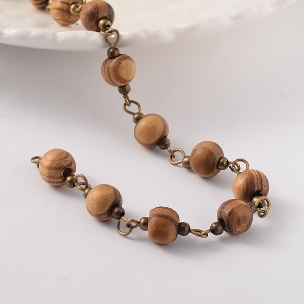 

PandaHall Round Handmade Wood Beaded Chains, Unwelded, with Brass Findings, Antique Bronze, Camel, 7mm, about 60pcs/strand, 39.3 inch Wood..., Brown