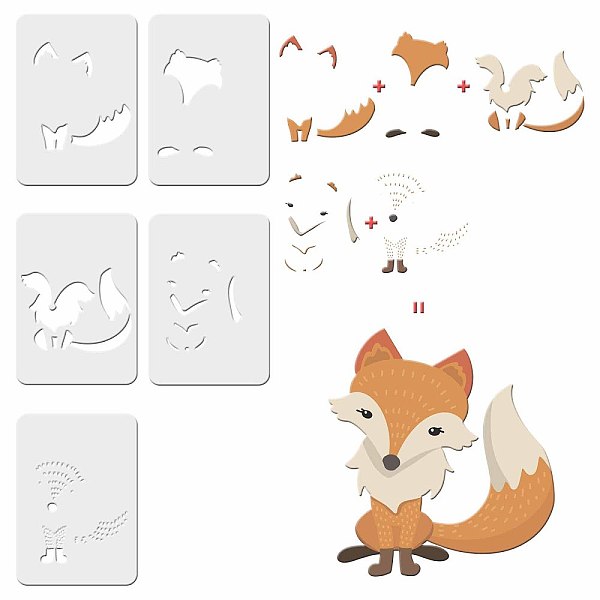 PandaHall 5 Style PET Hollow out Drawing Painting Stencils Sets, for DIY Scrapbook, Photo Album, Fox Pattern, 29.7x21cm, 5 sheets/set...