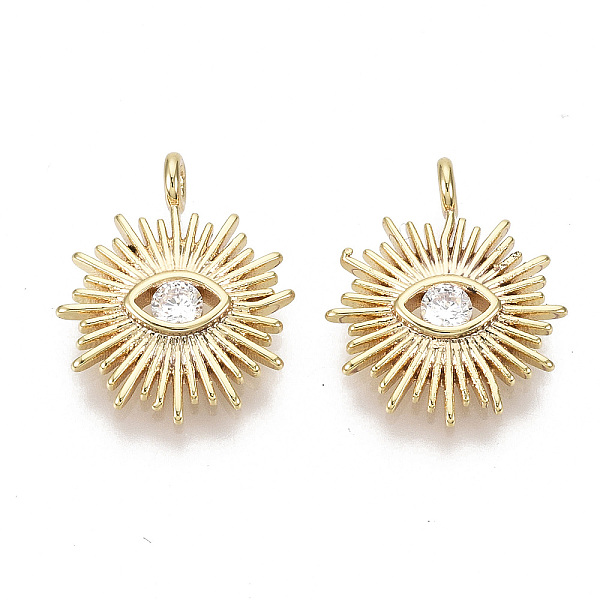 

PandaHall Brass Micro Pave Clear Cubic Zirconia Pendants, Sun with Eye, Nickel Free, Real 18K Gold Plated, 15x12x3mm, Hole: 1.4mm...