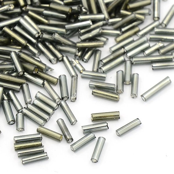 

PandaHall Glass Bugle Beads, Silver Lined, Gray, 6~8x1.8mm, Hole: 0.6mm, 10000pcs/pound Glass Gray