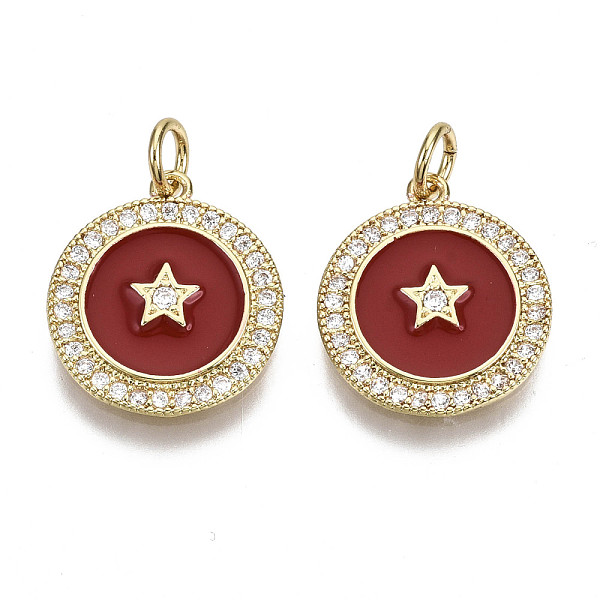 

PandaHall Brass Micro Pave Cubic Zirconia Pendants, with Enamel and Jump Ring, Nickel Free, Flat Round with Star, Real 16K Gold Plated, Dark...