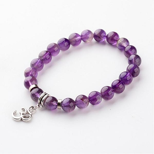 

PandaHall Alloy Om Symbol Charm Bracelets, with Natural Amethyst Round Bead, Antique Silver, 56mm, about 22pcs/strand Amethyst