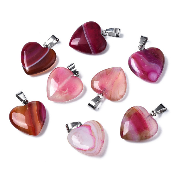

PandaHall Natural Banded Agate/Striped Agate Pendants, Dyed, with Stainless Steel Snap On Bails, Heart, Stainless Steel Color, Mixed Color..., Multicolor