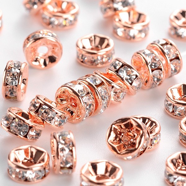 Brass Rhinestone Spacer Beads, Grade AAA, Straight Flange, Nickel Free, Rose Gold Metal Color, Rondelle, Crystal, 6x3mm, Hole: 1mm