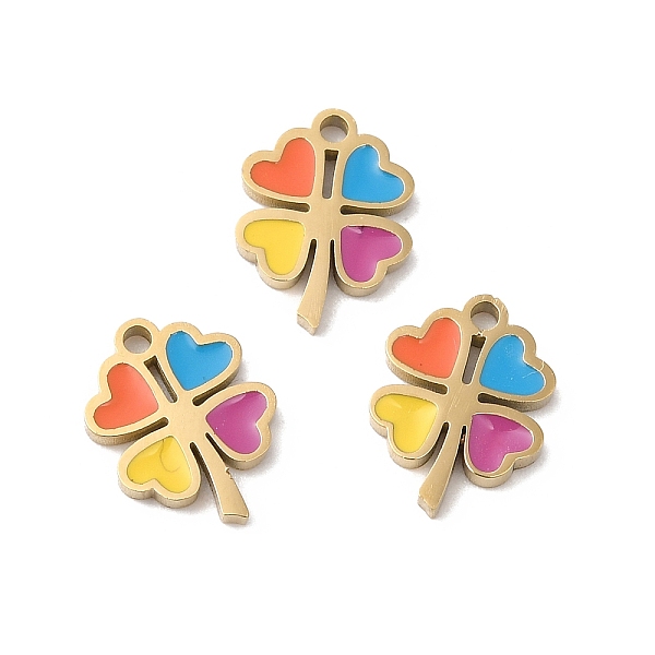

PandaHall Ion Plating(IP) 316L Surgical Stainless Steel Charms, with Enamel, Clover Charm, Real 18K Gold Plated, 10.6x8x1.4mm, Hole: 1.2mm...