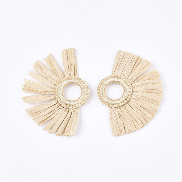 

PandaHall Raffia Tassel Pendant, with Polyester Link Ring, Fan, Wheat, 47~55x68~78x5~6mm, Hole: 14mm Raffia Orange