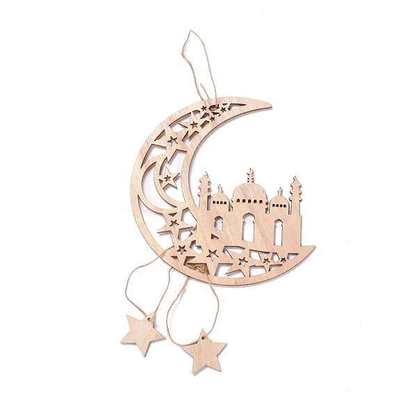 

PandaHall Moon & Castle Unfinished Wood Pendant Ornament, Ramadan Mubarak Eid Pendant, with Hemp Rope, for Home Wall Festive Decorations...
