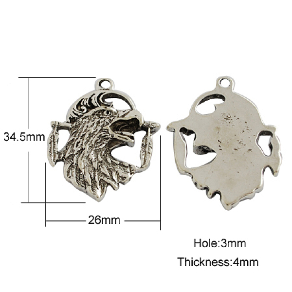 PandaHall Tibetan Style Pendants, Eagle/Hawk Charm with Feathers, Cadmium Free & Nickel Free & Lead Free, Antique Silver, 34.5x26x4mm, Hole...