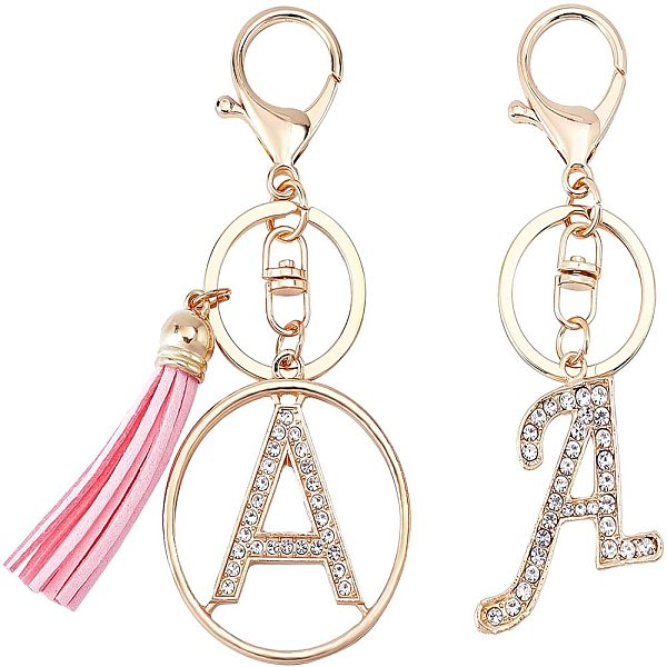 

PandaHall 2Pcs 2 Style Alloy Rhinestone Keychain Sets, with Lobster Claw Clasps and PU Leather Tassel, Alphabet, Letter.A, 1pc/style, 105mm..., Clear