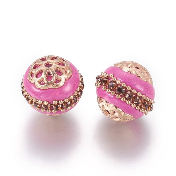 

PandaHall Handmade Indonesia Beads, with Alloy Findings, Round, Light Gold, Hot Pink, 16~17x16~16.5mm, Hole: 1.8mm Polymer Clay Round Pink