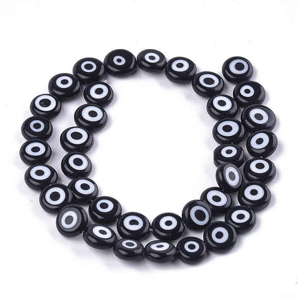 

PandaHall Handmade Evil Eye Lampwork Beads Strands, Flat Round, Black, 9.5x3.5mm, Hole: 1.2mm, about 38pcs/strand, 14.1 inch~14.5 inch...