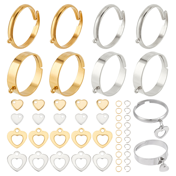 

PandaHall 80 Pcs Golden Adjustable Ring, Finger Ring Components DIY Charm Ring Making Kit Open Jump Rings with Loop Ring Bases Heart Alloy...