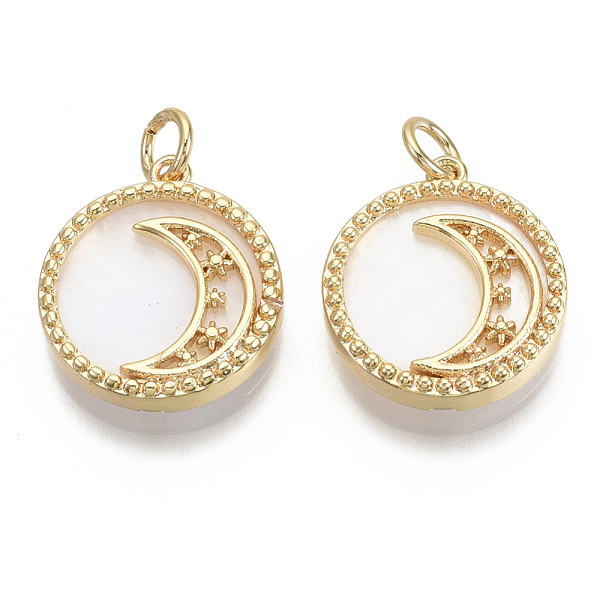 

PandaHall Brass Pendants, with Natural Freshwater Shell and Jump Rings, Flat Round with Moon, Nickel Free, Real 18K Gold Plated, 18x16x3.5mm...