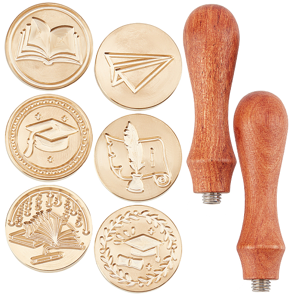

PandaHall CRASPIRE 8PCS Wax Seal Stamp Set Graduation Theme 6PCS Sealing Wax Stamp Heads with 2PCS Universal Wooden Handles for Invitations..., Brown