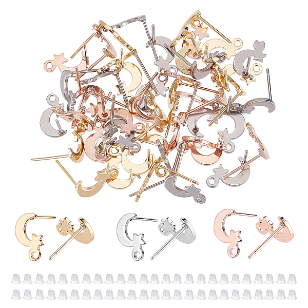 

PandaHall DICOSMETIC 48Pcs 3 Colors 201 Stainless Steel Stud Earring Findings, with Horizontal Loop and 316 Stainless Steel Pin, Moon and...
