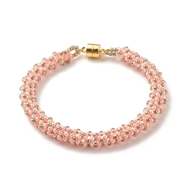 

PandaHall Glass Seed Beaded Bracelet with Brass Magnetic Clasps, Braided Bracelet for Women, Pink, 7-1/2 inch(19cm) Glass Pink