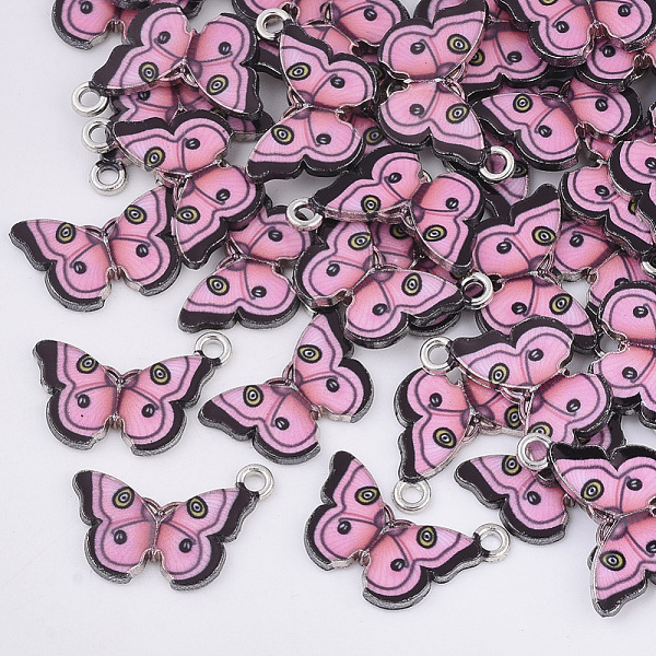 

PandaHall Printed Alloy Pendants, with Enamel, Butterfly, Platinum, Pink, 13.5x20x2mm, Hole: 1.6mm Alloy+Enamel Butterfly Pink