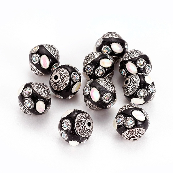 

PandaHall Handmade Indonesia Beads, with Rhinestone and Metal Findings, Round, Antique Silver, Black, 14.5~15x14~14.5mm, Hole: 1.5mm Polymer..., Clear