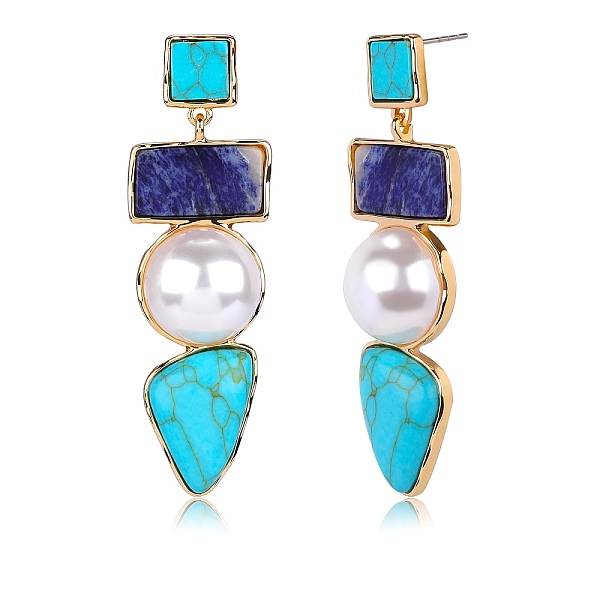 

PandaHall Synthetic Turquoise Rectangle & Triangle Dangle Stud Earrings, Natural Pearl Long Drop Earrings with Alloy Pins, Turquoise..., Green