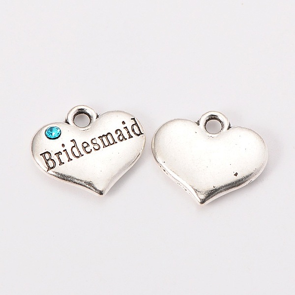 

PandaHall Wedding Theme Antique Silver Tone Tibetan Style Heart with Bridesmaid Rhinestone Charms, Cadmium Free & Lead Free, Aquamarine..., Cyan