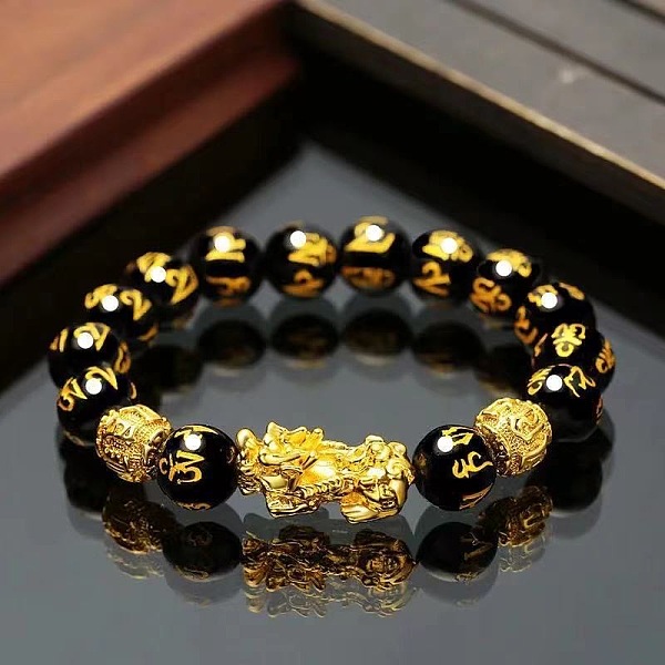 

PandaHall Natural Obsidian & Pi Xiu Stretch Bracelet, Om Mani Padme Hum Bracelet, Golden Obsidian Pi Xiu
