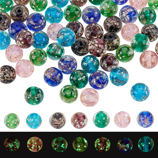 

PandaHall Arricraft 56Pcs 7 Colors Luminous Handmade Gold Sand Lampwork Beads, Round, Mixed Color, 10mm, Hole: 1.6mm, 8pcs/color Lampwork..., Multicolor