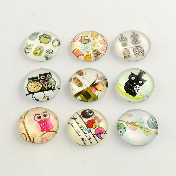 

PandaHall Cartoon Owl Pattern Flatback Half Round/Dome Glass Cabochons, for DIY Projects, Mixed Color, 25x6mm Glass Half Round Multicolor