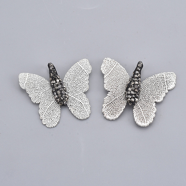 

PandaHall Iron Pendants, Electroplate Natural Leaf, with Polymer Clay Rhinestone, Butterfly, Jet Hematite, Silver Color Plated, PP11...