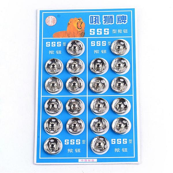

PandaHall Iron Sewing Snap Button, Press Studs, Garment Buttons, Flat Round, Platinum, 15.5~16x5mm, Hole: 2.5x1.5mm, about 20sets/card...