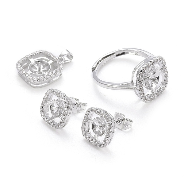 

PandaHall Brass Finger Ring & Pendants & Stud Earrings Findings, with Cubic Zirconia, for Half Drilled Beads, Long-Lasting Plated, Square..., Clear