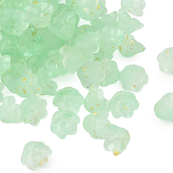 Frosted Glass Bead Cap, 6-Petal Flower, with Gold Powder, Pale Green, 11x12x8mm, Hole: 1.4mm, about 1333pcs/1000g