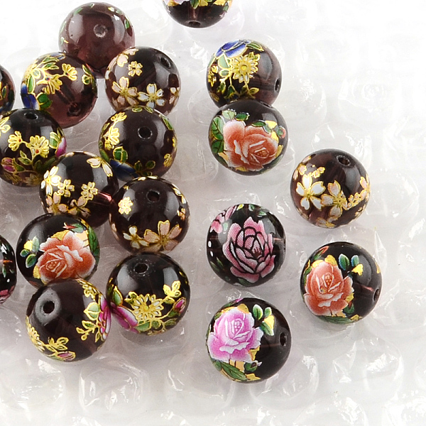 

PandaHall Rose Flower Pattern Printed Round Glass Beads, Mixed Color, 10x9mm, Hole: 1.5mm Glass Round Multicolor
