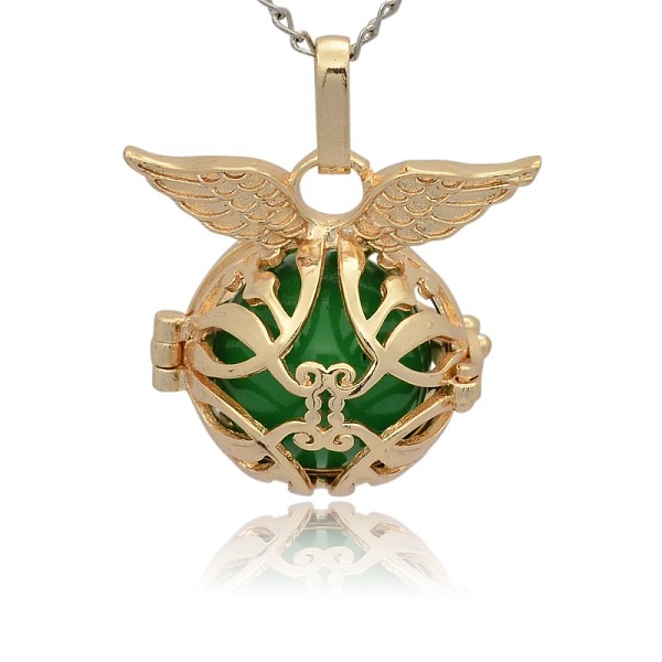 

PandaHall Golden Tone Brass Cage Pendants, Hollow Round with Wing, with No Hole Spray Painted Brass Round Ball Beads, Green, 26x29x20mm...