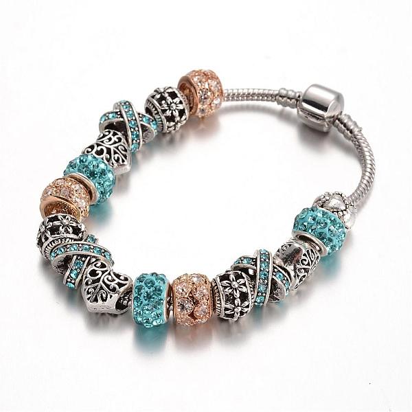 PandaHall Alloy Rhinestone Bead European Bracelets, with Glass Beads and Brass Chain, Aquamarine, 190mm Rhinestone Cyan