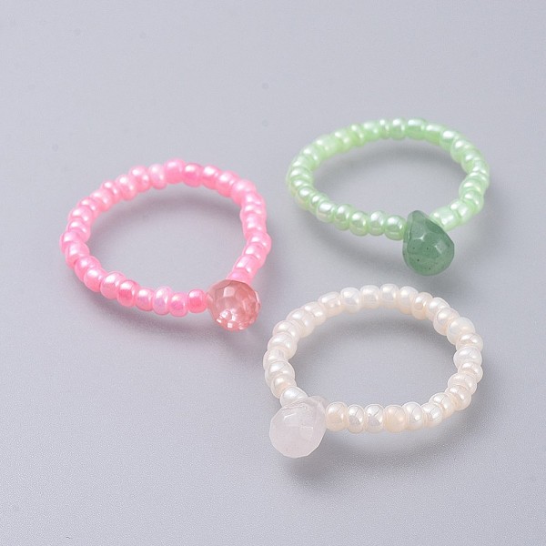

PandaHall Natural & Synthetic Mixed Stone Stretch Finger Rings, with Glass Seed Beads, Teardrop, Size 8, 18mm Mixed Stone