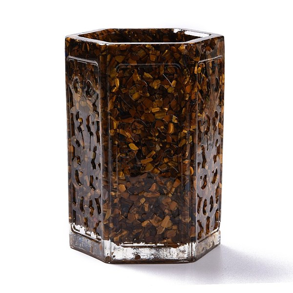 

PandaHall Resin with Natural Tiger Eye Chip Stones Pen Holder, Home OFFice Tabletop Decoration, Hexagon, 109.5x84x80mm; Inner Diameter...