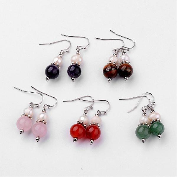 

PandaHall Natural Round Gemstone Beads Dangle Earrings, with Freshwater Pearl Beads, Platinum Tone Brass Earring Hooks and Zinc Alloy Beads..., Multicolor
