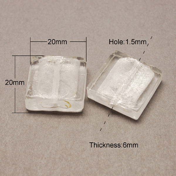 

PandaHall Handmade Silver Foil Lampwork Beads, Square, White, 20x20x6mm Silver Foil Square White