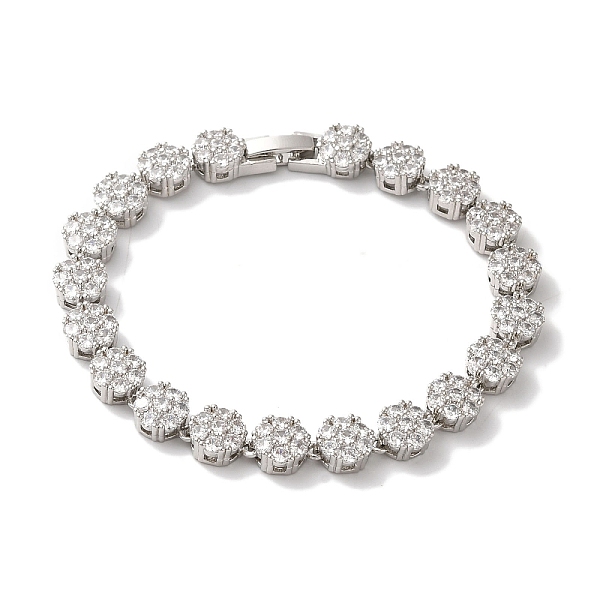 

PandaHall Rack Plating Brass Pave Cubic Zirconia Flower Link Chain Bracelets for Women, Lead Free & Cadmium Free, Platinum, Clear, 7-1/2...