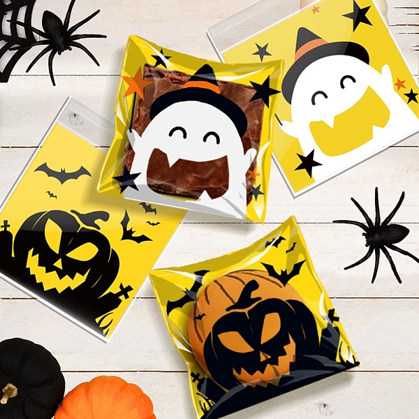 PandaHall Halloween Theme Plastic Bakeware Bag, with Self-adhesive, for Chocolate, Candy, Cookies, Square with Pumpkin & Ghost, Yellow...