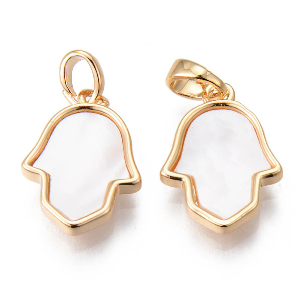 

PandaHall Brass Pendants, with Shell and Snap on Bails, Hamsa Hand, Real 18K Gold Plated, Nickel Free, Seashell Color, 17x12.5x2.5mm, Hole...
