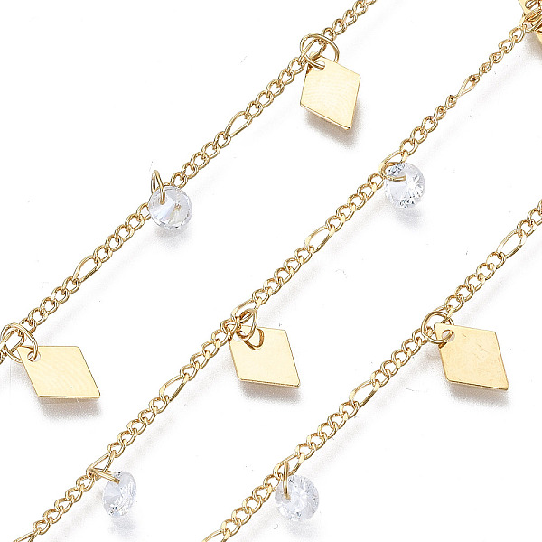 

PandaHall Handmade Brass Figaro Chains, with Cubic Zirconia Charms and Spool, Soldered, Cadmium Free & Nickel Free & Lead Free, Rhombus..., Clear