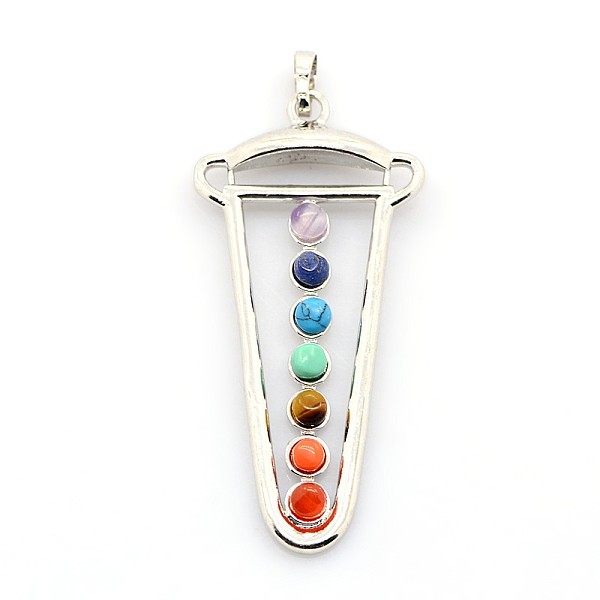 

PandaHall Vintage Chakra Jewelry Brass Gemstone Pendants, Triangle, Platinum, 56x27x5mm, Hole: 5x8mm Mixed Stone Triangle