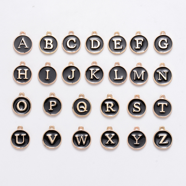 

PandaHall Initial Letter A~Z Alphabet Enamel Charms, Flat Round Disc Double Sided Charms, Golden Plated Enamelled Sequins Alloy Charms..., Black