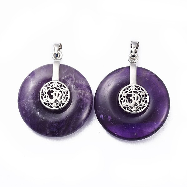 

PandaHall Natural Amethyst Pendants, with Platinum Tone Brass Findings, Donut/Pi Disc with Aum/Om Symbol, 35.5x30x8.5~9.5mm, Hole: 4.5x6.5mm..., Purple