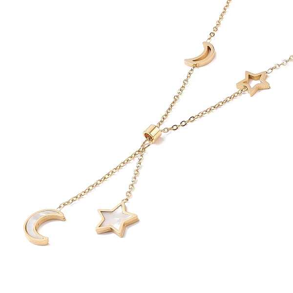 

PandaHall Resin Shell Star and Moon Pendant Lariat Necklace, Ion Plating(IP) 304 Stainless Steel Jewelry for Women, Golden, 15.16 inch...