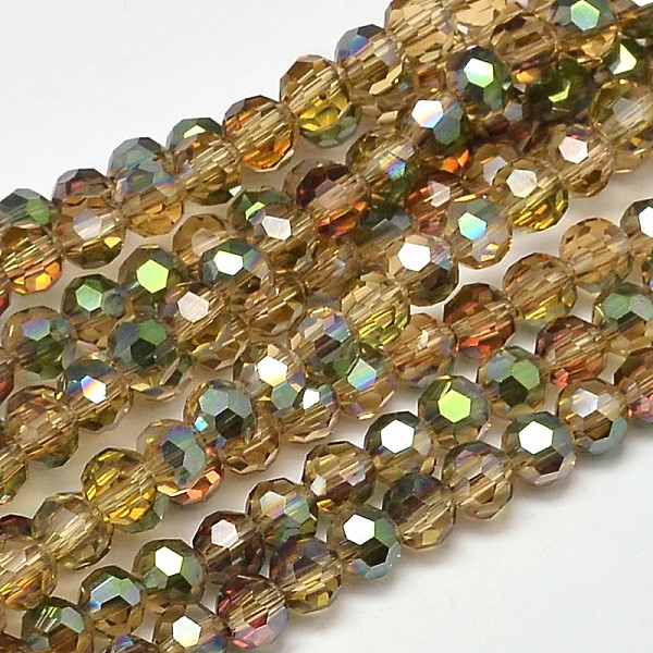 Faceted Round Half Rainbow Plated Electroplate Glass Beads Strands