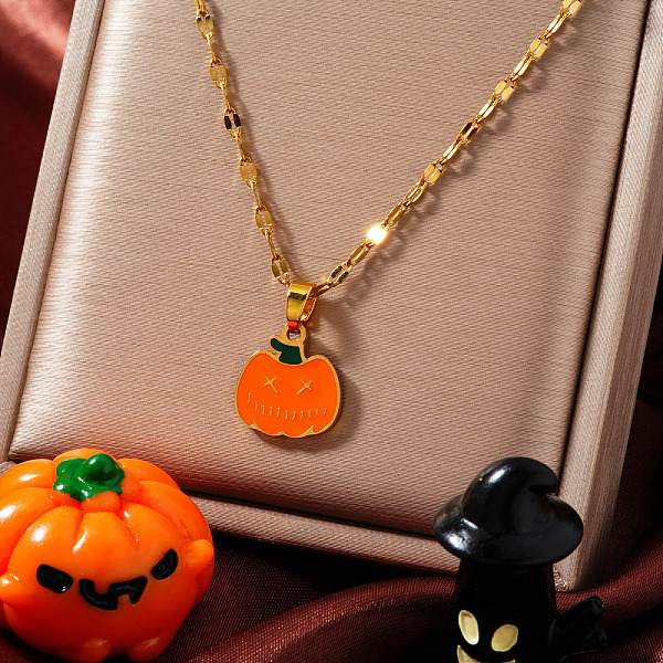 Collar Con Colgante De Calabaza De Halloween Esmaltado De Acero Inoxidable Con Cadena Adornada