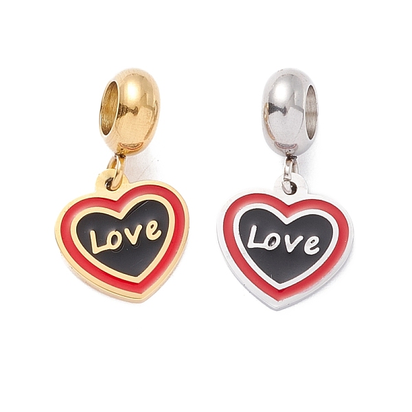 

PandaHall 304 Stainless Steel European Dangle Charms, Large Hole Pendants, with Enamel, Golden & Stainless Steel Color, Heart & Word Love..., Red